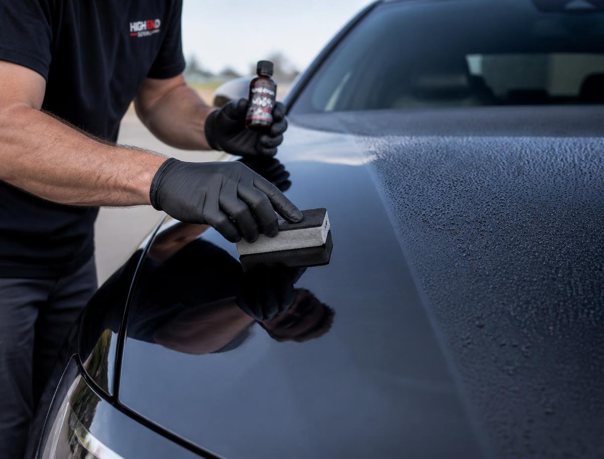 Detailer applying ceramic paint sealant to a car hood