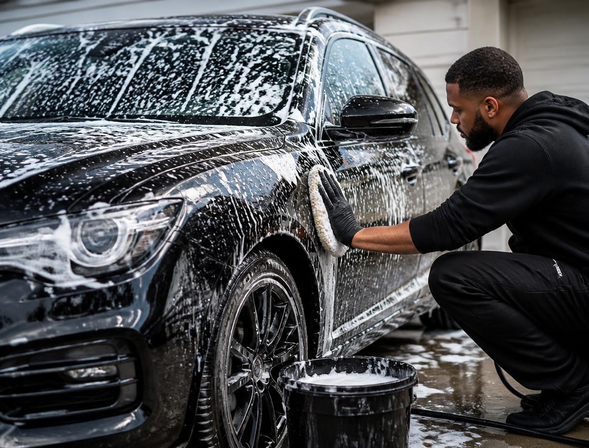 Detailer hand-washing a foam-covered black SUV in a driveway