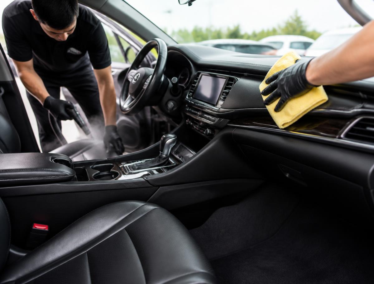 Detailer steam cleaning and wiping down a car interior